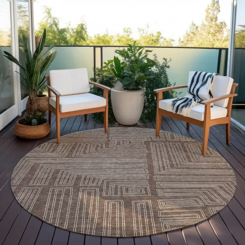 8' Brown And Ivory Round Geometric Washable Indoor Outdoor Area Rug Photo 7