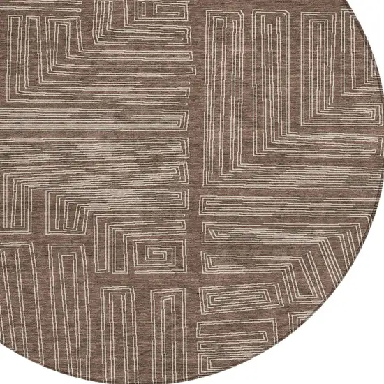 8' Brown And Ivory Round Geometric Washable Indoor Outdoor Area Rug Photo 5
