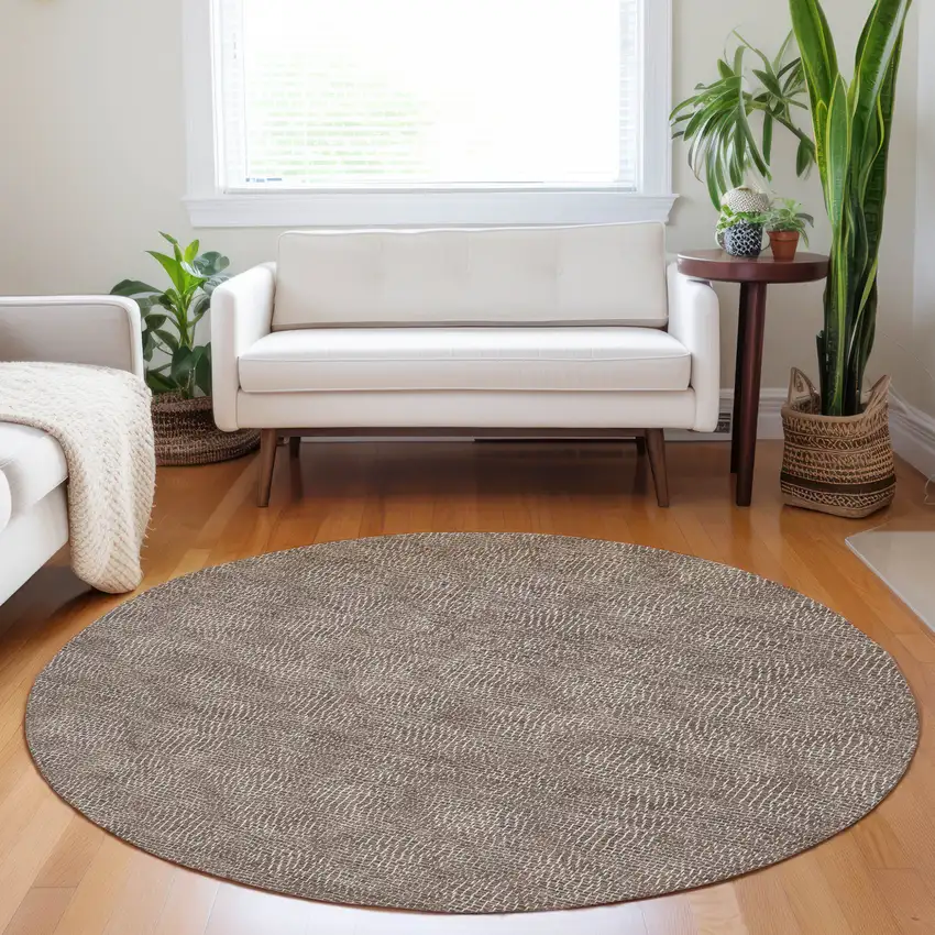 8' Brown And Ivory Round Geometric Washable Indoor Outdoor Area Rug Photo 8