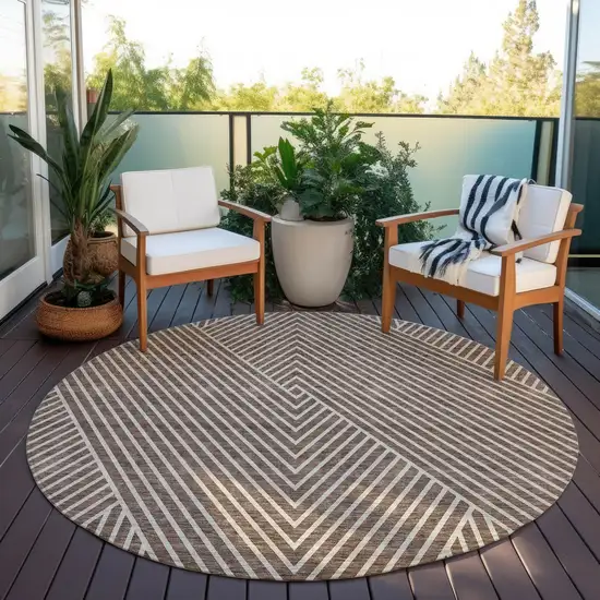 8' Brown And Ivory Round Geometric Washable Indoor Outdoor Area Rug Photo 7