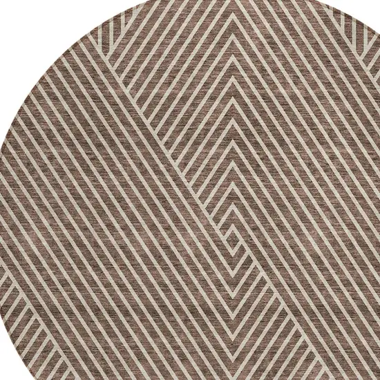 8' Brown And Ivory Round Geometric Washable Indoor Outdoor Area Rug Photo 5