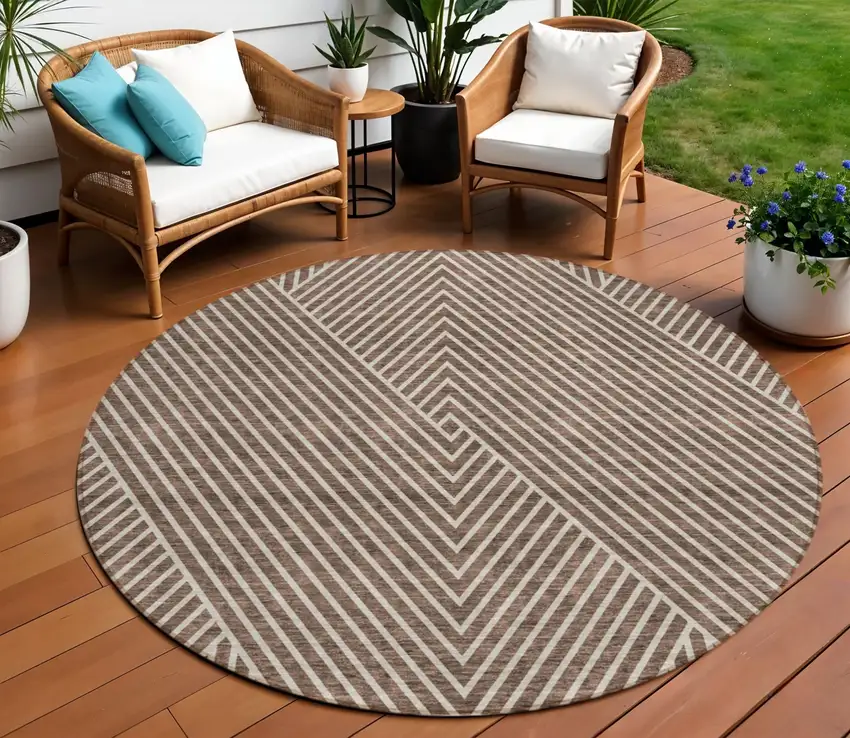 8' Brown And Ivory Round Geometric Washable Indoor Outdoor Area Rug Photo 1