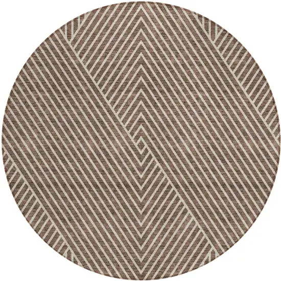 8' Brown And Ivory Round Geometric Washable Indoor Outdoor Area Rug Photo 6