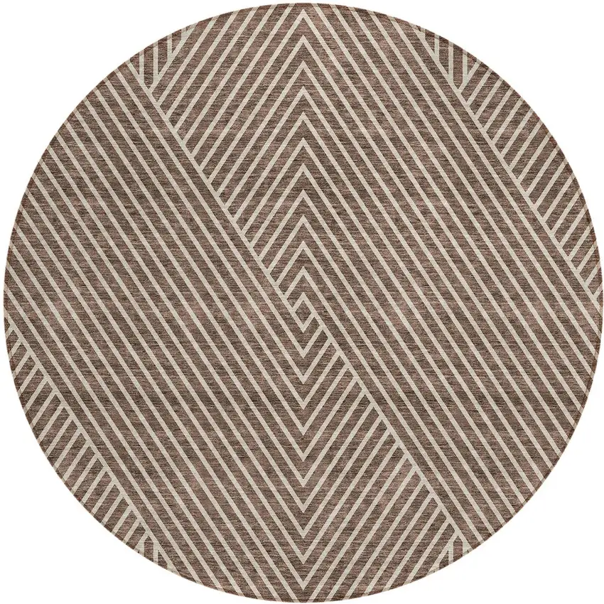 8' Brown And Ivory Round Geometric Washable Indoor Outdoor Area Rug Photo 6