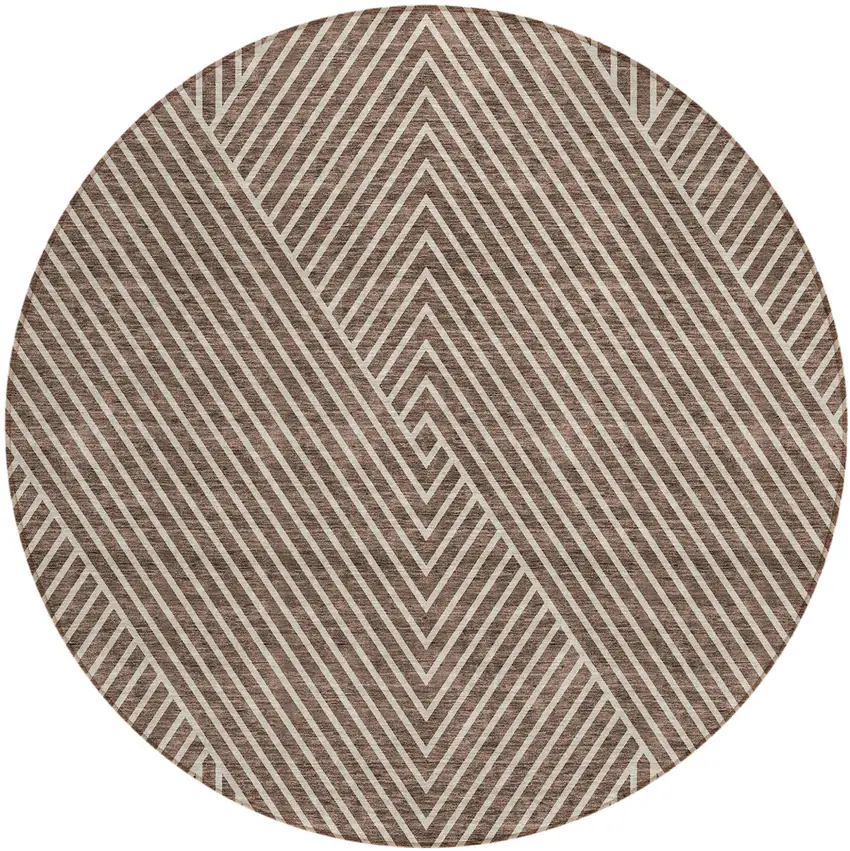 8' Brown And Ivory Round Geometric Washable Indoor Outdoor Area Rug Photo 2