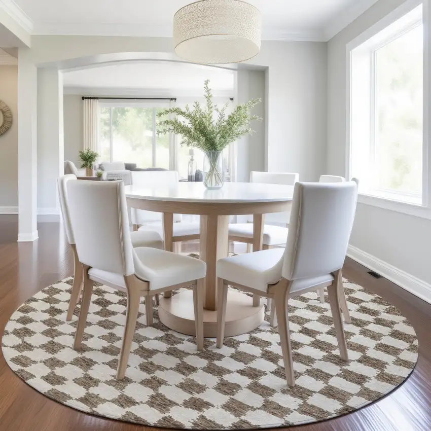 8' Brown And Ivory Round Geometric Washable Indoor Outdoor Area Rug Photo 6