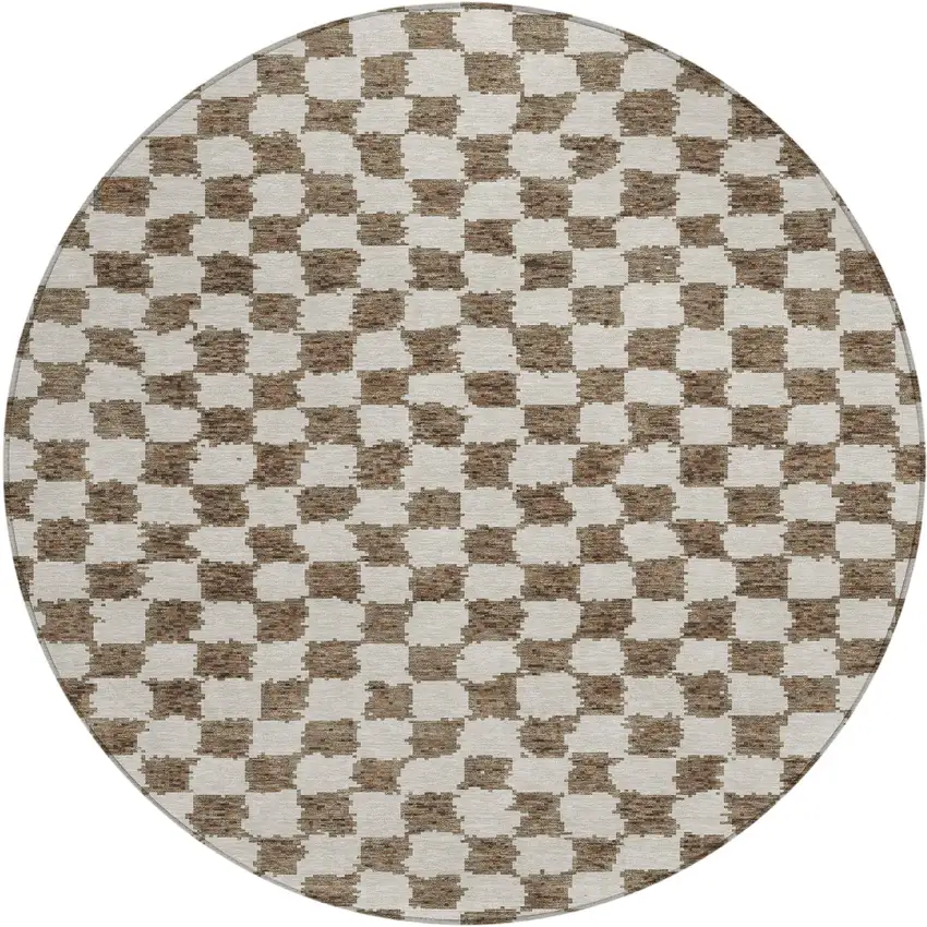 8' Brown And Ivory Round Geometric Washable Indoor Outdoor Area Rug Photo 1