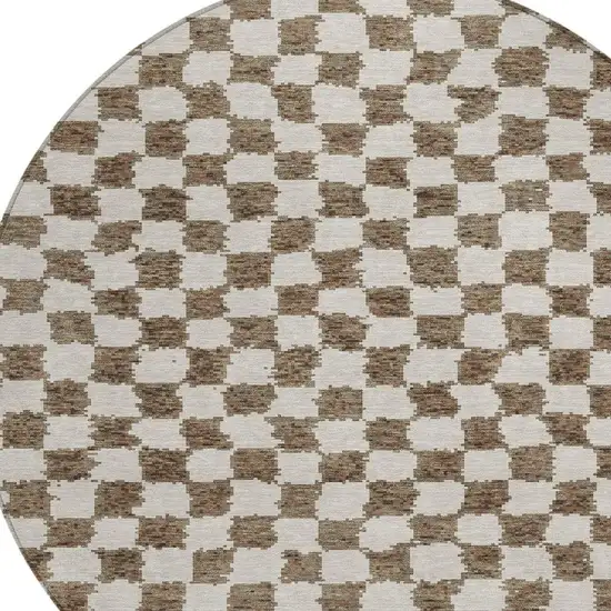 8' Brown And Ivory Round Geometric Washable Indoor Outdoor Area Rug Photo 4