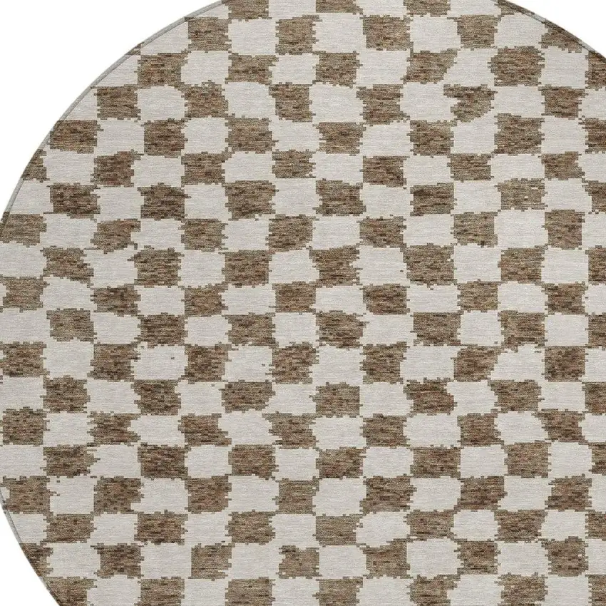 8' Brown And Ivory Round Geometric Washable Indoor Outdoor Area Rug Photo 4