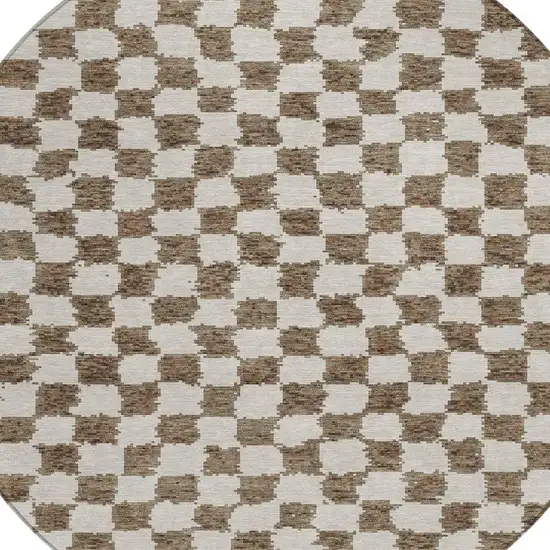 8' Brown And Ivory Round Geometric Washable Indoor Outdoor Area Rug Photo 8