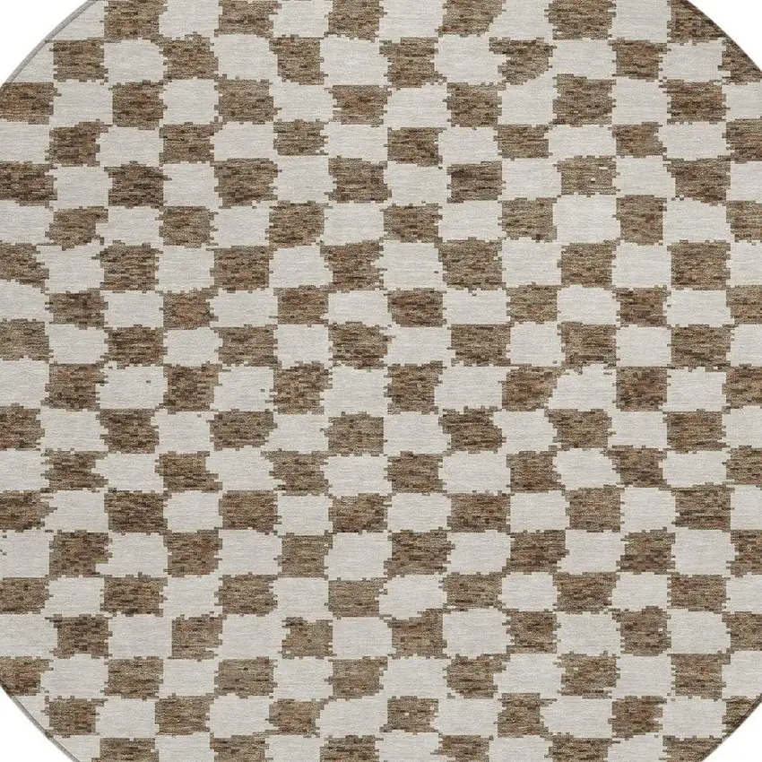 8' Brown And Ivory Round Geometric Washable Indoor Outdoor Area Rug Photo 8