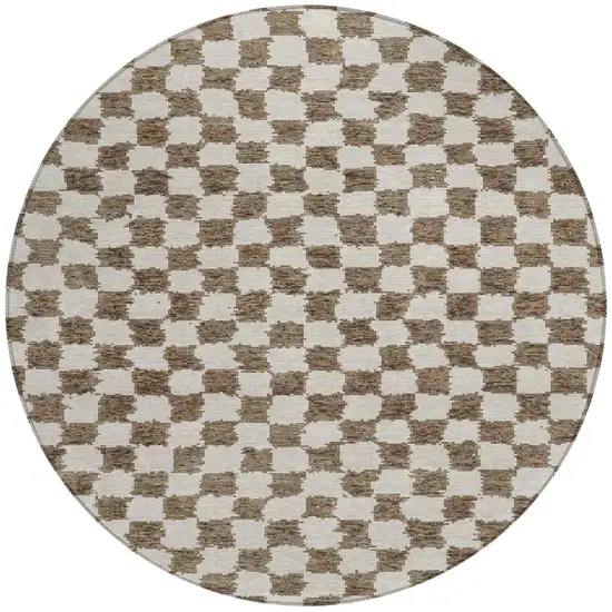 8' Brown And Ivory Round Geometric Washable Indoor Outdoor Area Rug Photo 3