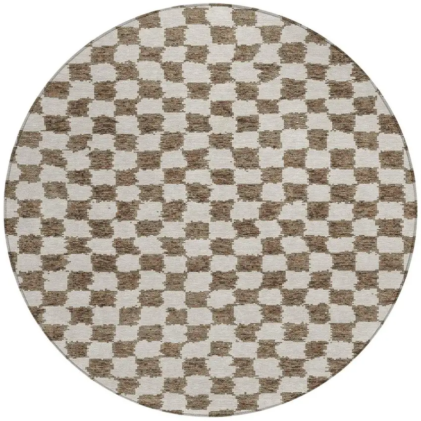 8' Brown And Ivory Round Geometric Washable Indoor Outdoor Area Rug Photo 3