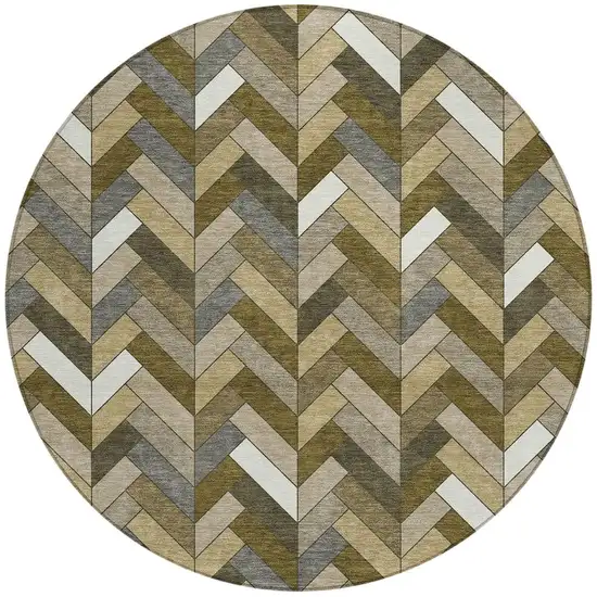 8' Brown And Ivory Round Geometric Washable Indoor Outdoor Area Rug Photo 4