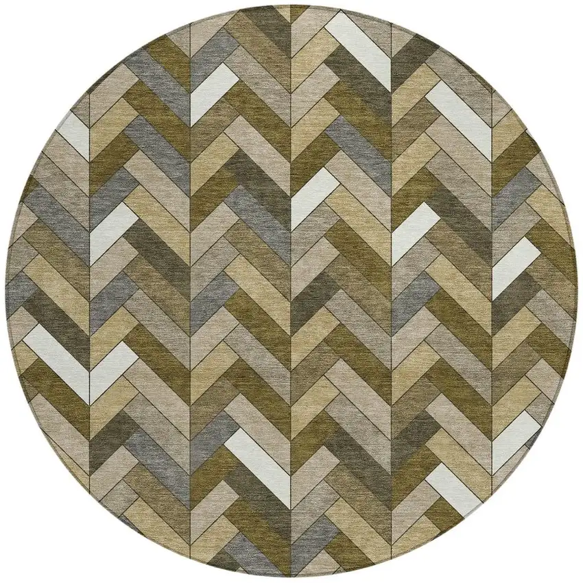 8' Brown And Ivory Round Geometric Washable Indoor Outdoor Area Rug Photo 4