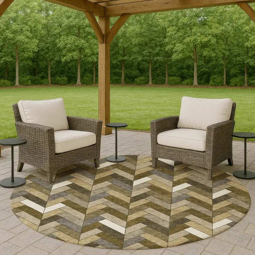 8' Brown And Ivory Round Geometric Washable Indoor Outdoor Area Rug Photo 7