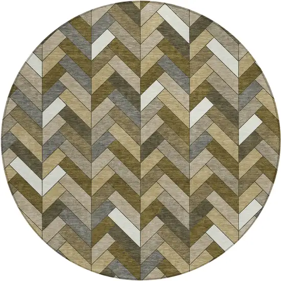 8' Brown And Ivory Round Geometric Washable Indoor Outdoor Area Rug Photo 2