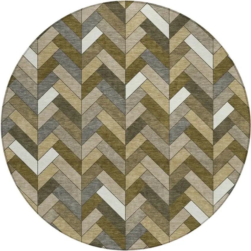 8' Brown And Ivory Round Geometric Washable Indoor Outdoor Area Rug Photo 2