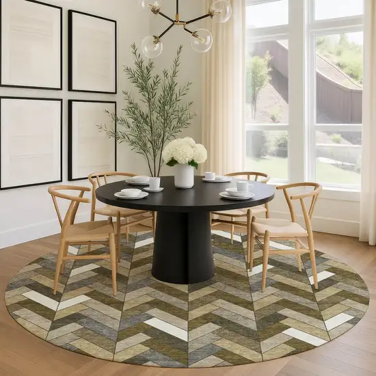8' Brown And Ivory Round Geometric Washable Indoor Outdoor Area Rug Photo 8