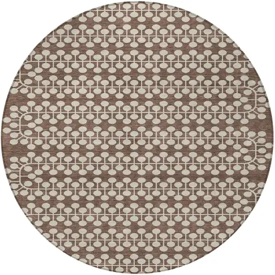 8' Brown And Ivory Round Geometric Washable Indoor Outdoor Area Rug Photo 5