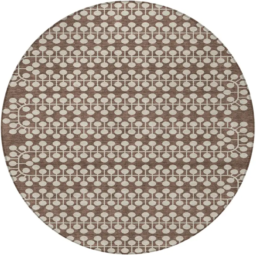 8' Brown And Ivory Round Geometric Washable Indoor Outdoor Area Rug Photo 5