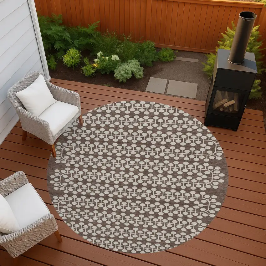 8' Brown And Ivory Round Geometric Washable Indoor Outdoor Area Rug Photo 7