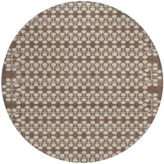8' Brown And Ivory Round Geometric Washable Indoor Outdoor Area Rug Photo 4