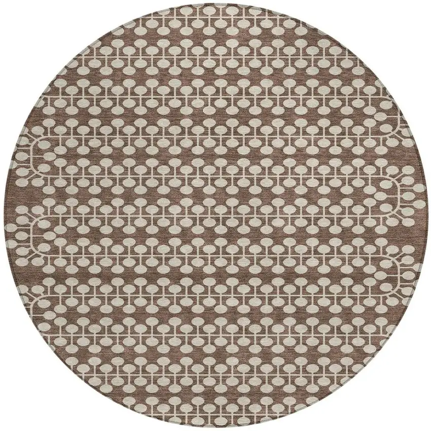 8' Brown And Ivory Round Geometric Washable Indoor Outdoor Area Rug Photo 4