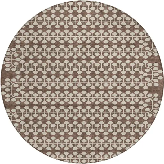 8' Brown And Ivory Round Geometric Washable Indoor Outdoor Area Rug Photo 2