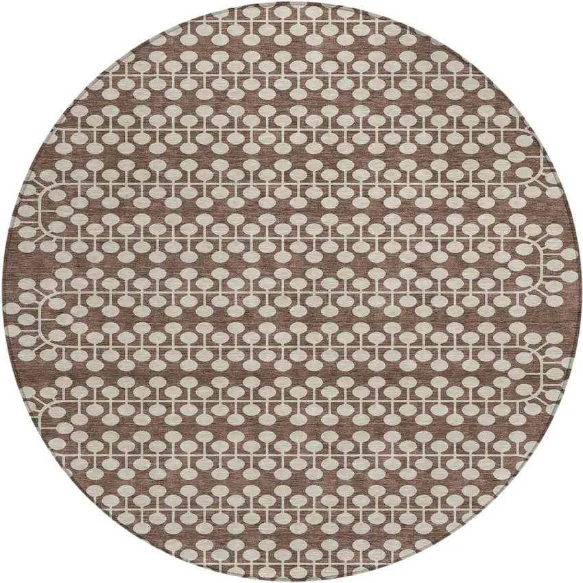 8' Brown And Ivory Round Geometric Washable Indoor Outdoor Area Rug Photo 2