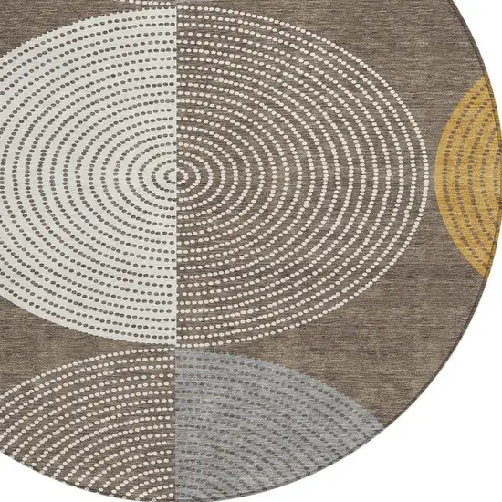 8' Brown And Ivory Round Geometric Washable Indoor Outdoor Area Rug Photo 7