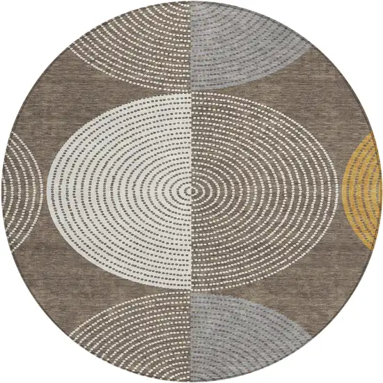 8' Brown And Ivory Round Geometric Washable Indoor Outdoor Area Rug Photo 2