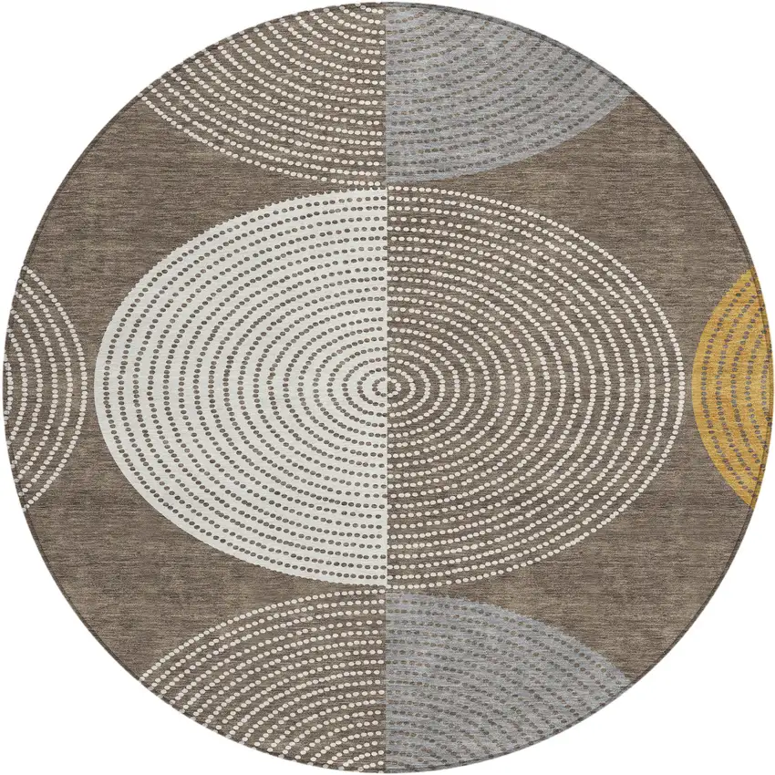 8' Brown And Ivory Round Geometric Washable Indoor Outdoor Area Rug Photo 2