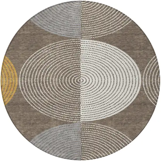 8' Brown And Ivory Round Geometric Washable Indoor Outdoor Area Rug Photo 4