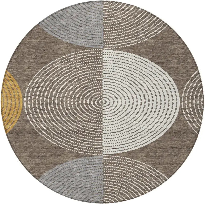8' Brown And Ivory Round Geometric Washable Indoor Outdoor Area Rug Photo 4