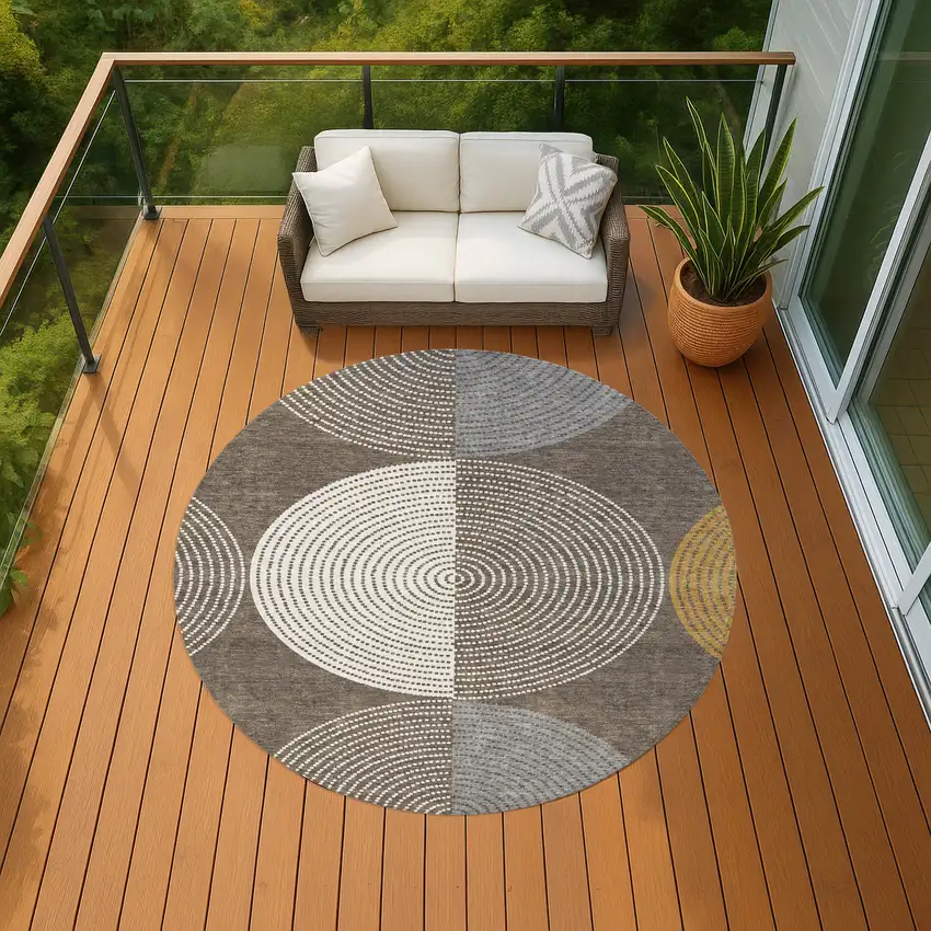 8' Brown And Ivory Round Geometric Washable Indoor Outdoor Area Rug Photo 8