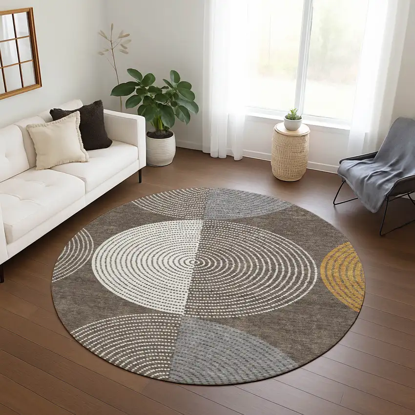 8' Brown And Ivory Round Geometric Washable Indoor Outdoor Area Rug Photo 9