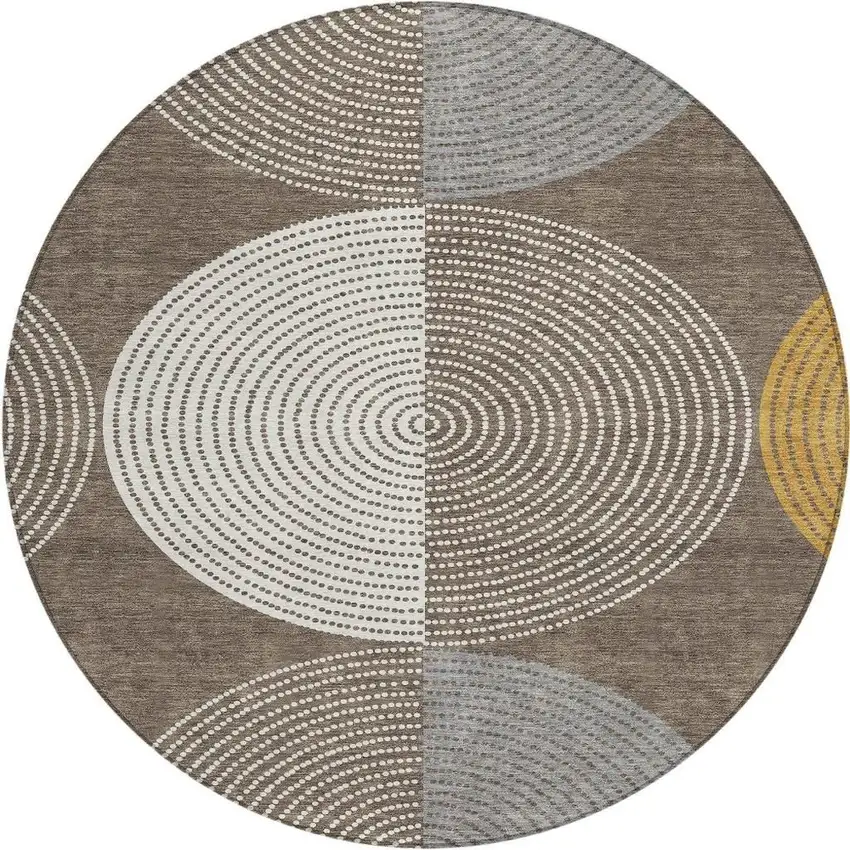 8' Brown And Ivory Round Geometric Washable Indoor Outdoor Area Rug Photo 5