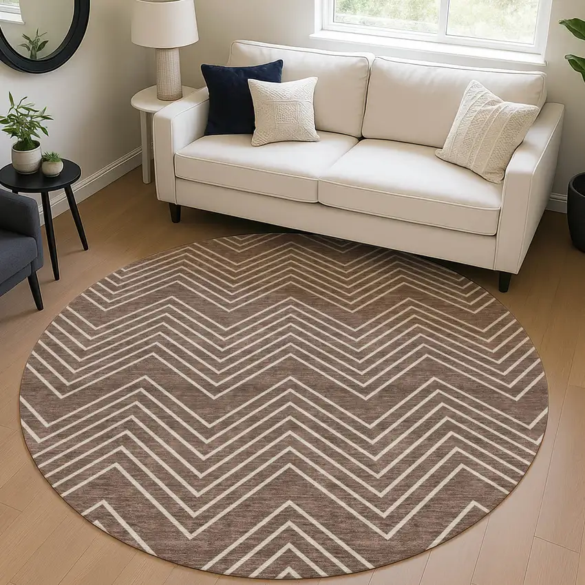 8' Brown And Ivory Round Geometric Washable Indoor Outdoor Area Rug Photo 5
