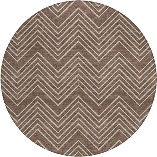 8' Brown And Ivory Round Geometric Washable Indoor Outdoor Area Rug Photo 1