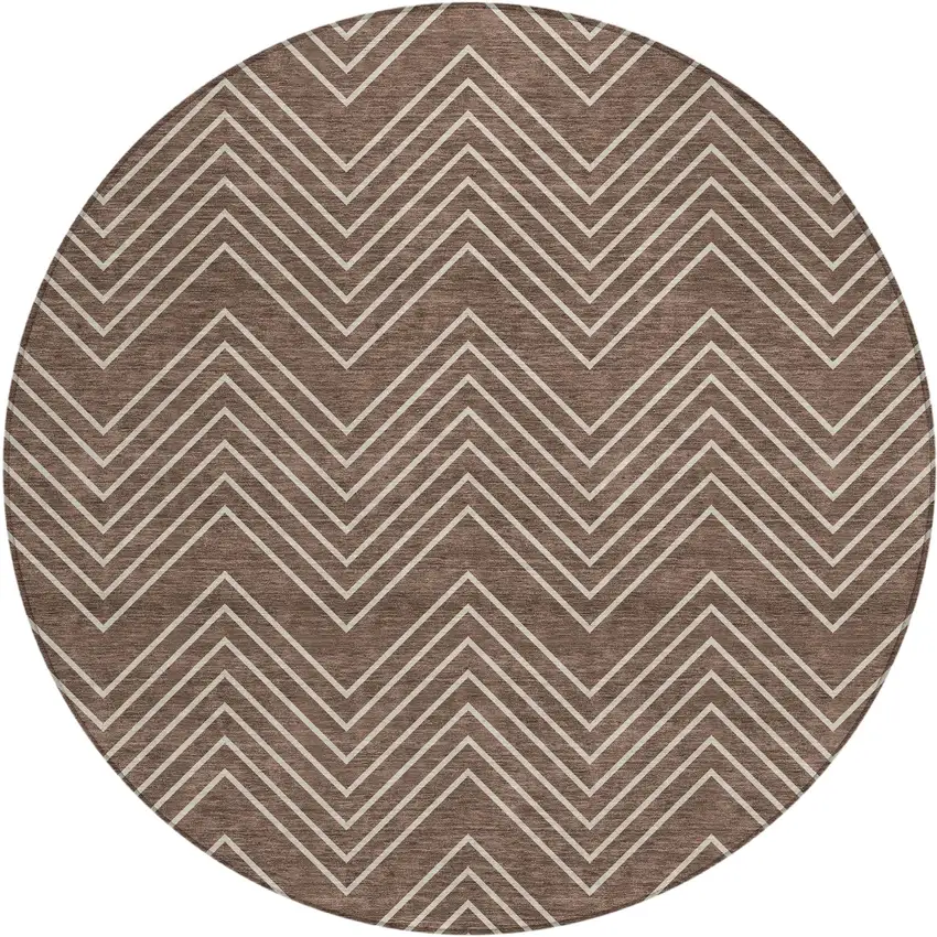 8' Brown And Ivory Round Geometric Washable Indoor Outdoor Area Rug Photo 1