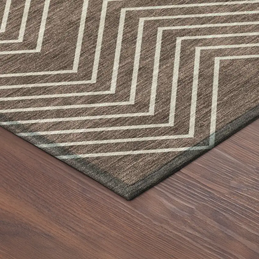 8' Brown And Ivory Round Geometric Washable Indoor Outdoor Area Rug Photo 8