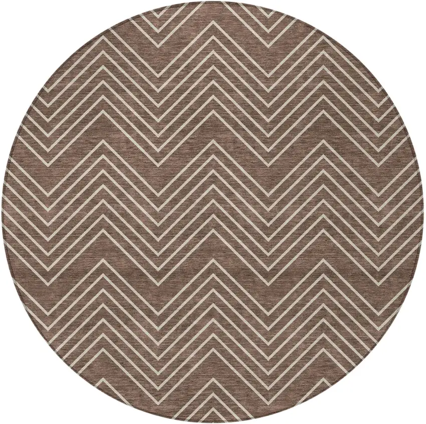 8' Brown And Ivory Round Geometric Washable Indoor Outdoor Area Rug Photo 3