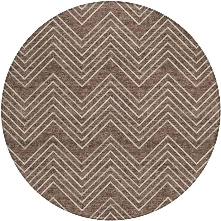 8' Brown And Ivory Round Geometric Washable Indoor Outdoor Area Rug Photo 2