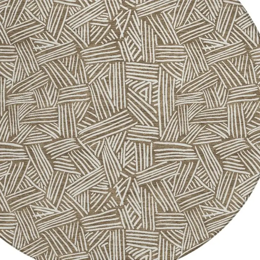 8' Brown And Ivory Round Geometric Washable Indoor Outdoor Area Rug Photo 5