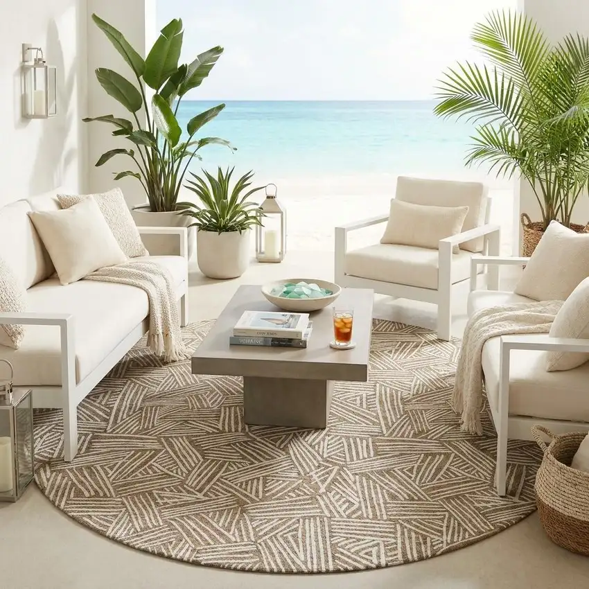 8' Brown And Ivory Round Geometric Washable Indoor Outdoor Area Rug Photo 1