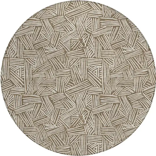 8' Brown And Ivory Round Geometric Washable Indoor Outdoor Area Rug Photo 2