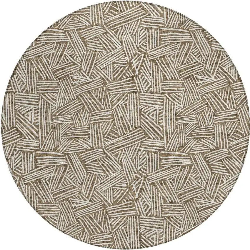 8' Brown And Ivory Round Geometric Washable Indoor Outdoor Area Rug Photo 2