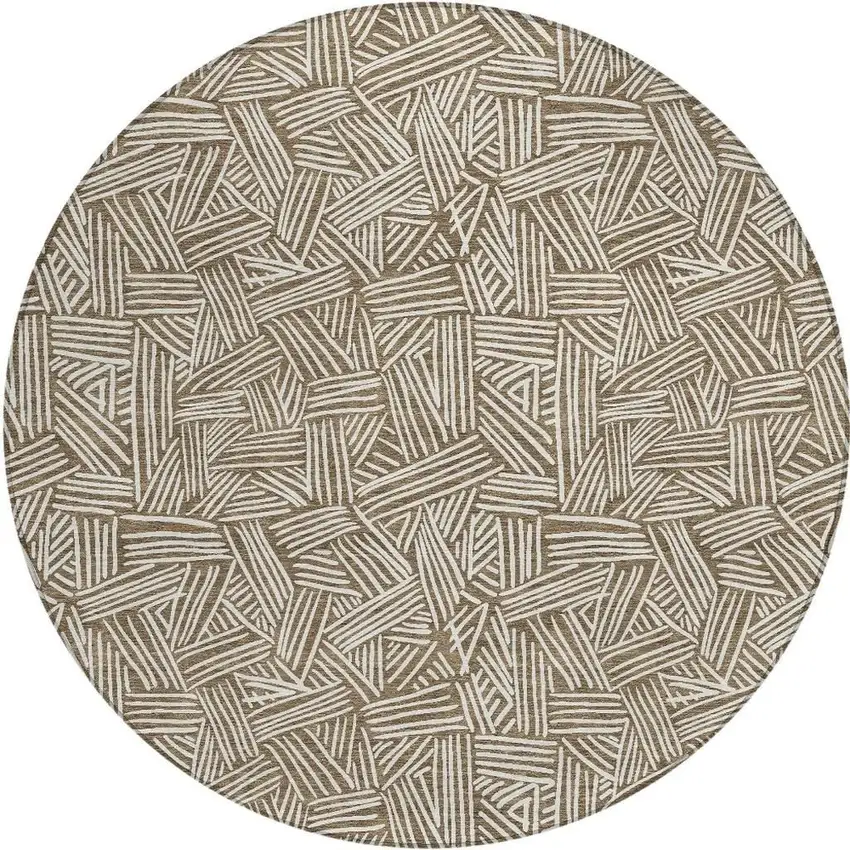8' Brown And Ivory Round Geometric Washable Indoor Outdoor Area Rug Photo 6