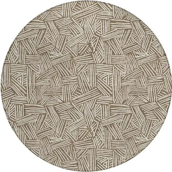 8' Brown And Ivory Round Geometric Washable Indoor Outdoor Area Rug Photo 6